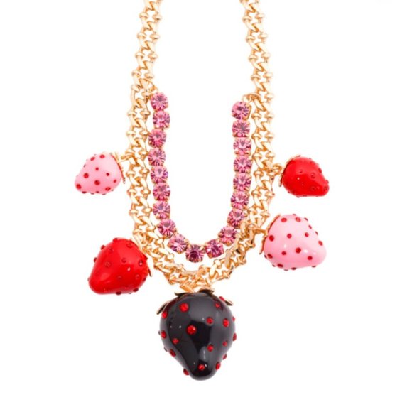 NWT Betsey Johnson Strawberry Necklace- Gold with Black, Red & Pink Strawberries - Picture 7 of 10